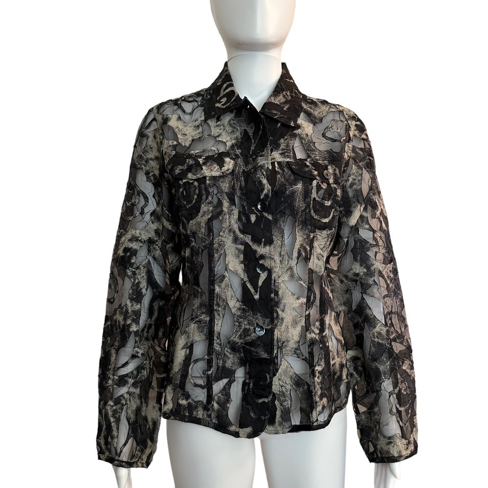 Chico’s.  Women’s medium Sheer blouse.  Black/gray print.  Size:  Chico’s 0